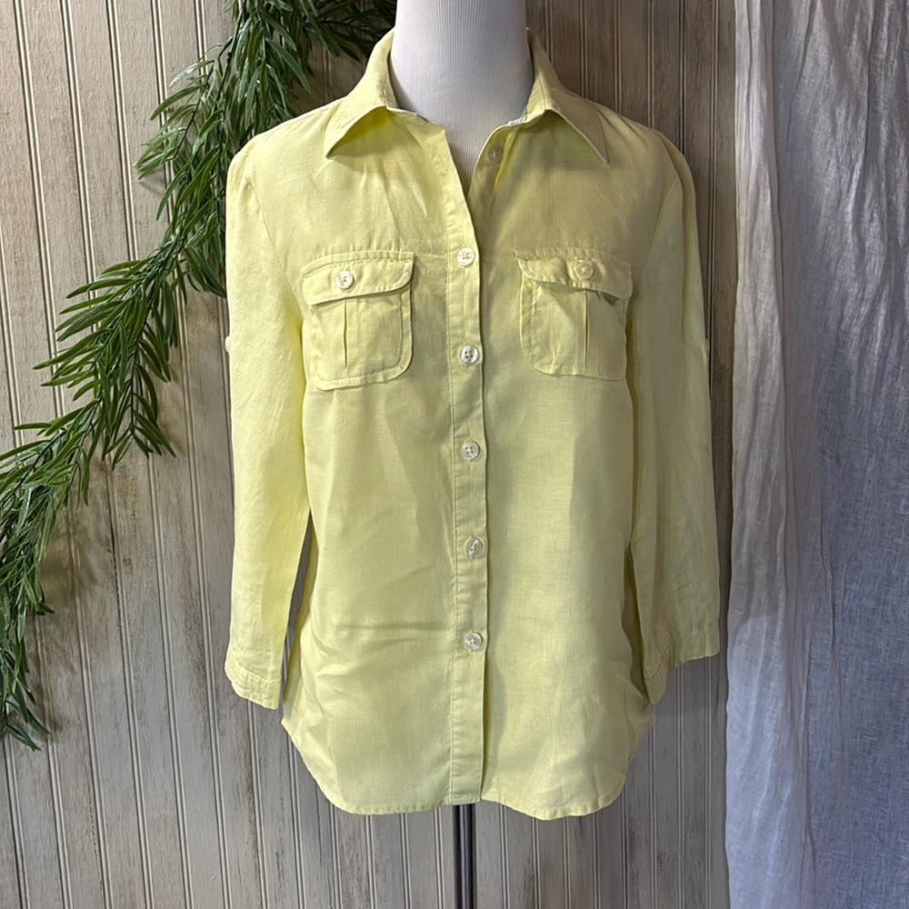 Boden 100% Linen Lemon Yellow Button Down Collar Shirt, US 4, EUC, 3/4 Sleeve